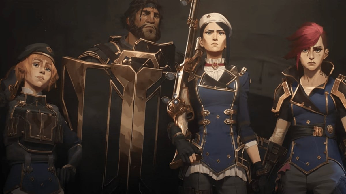 Vi, Caitlyn and two other Piltover enforcers standing together.